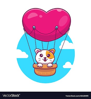 cat with love hot air balloon cartoon