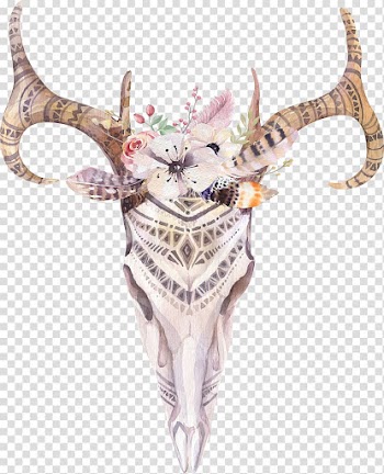 Cattle Cow's Skull: Red, White, and Blue Boho-chic Watercolor painting, skull transparent background PNG clipart