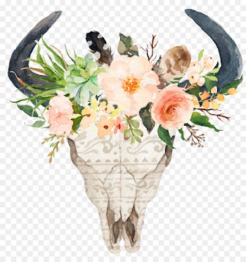 Cattle Flower Skull Horn T-shirt - cute head 