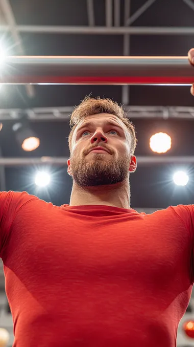 Caucasian athlete in red shirt performing pull-up at gym with lights