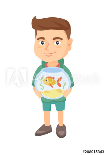 Caucasian boy holding aquarium with goldfish