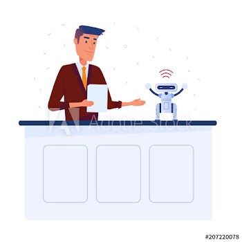 Caucasian man inventor sets up small robot with tablet via wi-fi connection