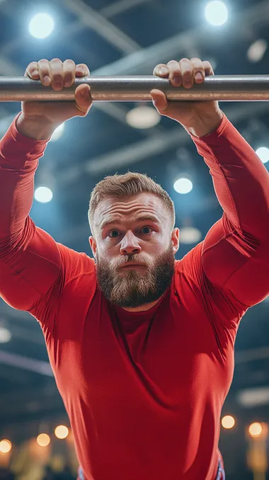 Caucasian muscular athlete with beard doing pull-ups in gym setting Caucasian muscular athlete with beard doing pull-ups in gym setting