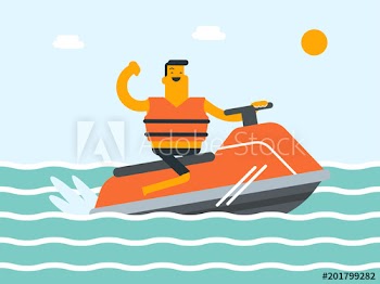 Caucasian white man riding a jet ski scooter in the sea at summer sunny day