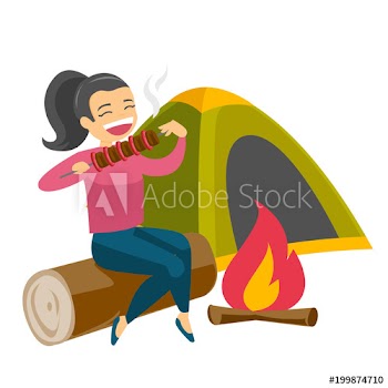 Caucasian white woman enjoying camping picnic and roasting shashlik over the campfire in nature on the background of tent