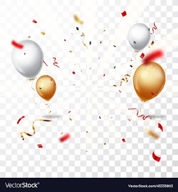 celebration banner with gold confetti and balloons