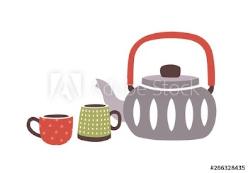 Ceramic teapot and pair of cups or mugs in hygge style isolated on white background