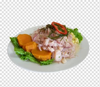 Ceviche with vegetables on plate, Ceviche Thai cuisine Peruvian cuisine Tiradito, fish transparent background PNG clipart