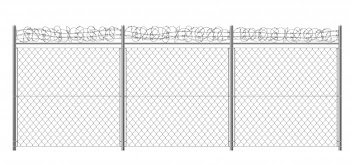 Chain-link, rabitz fence fragment with metallic pillars and barbed or razor wire 3d realistic vector illustration isolated. secured territory, protected area or prison fencing Free Vector