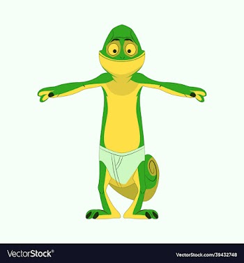chameleon mascot character wearing a diaper