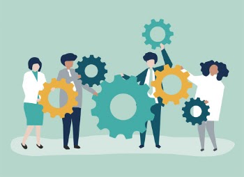 Characters of business people holding cogwheels illustration