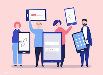 Characters of people holding giant digital de.. | Free stock vector - 455394