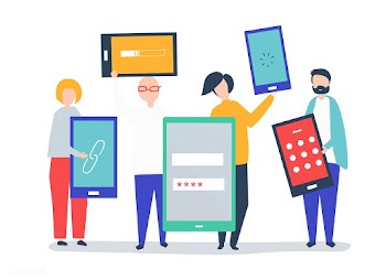 Characters of people holding giant digital de.. | Free stock vector - 455424