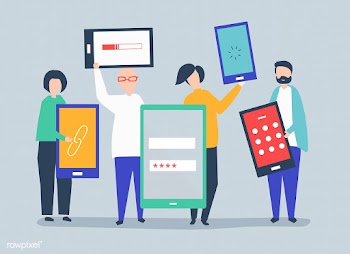 Characters of people holding giant digital de.. | Free stock vector - 455439
