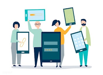 Characters of people holding giant digital de.. | Free stock vector - 455446