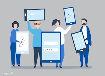 Characters of people holding giant digital de.. | Free stock vector - 455453