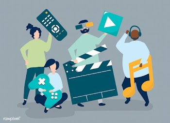 Characters of people holding multimedia icons.. | Free stock vector - 455482