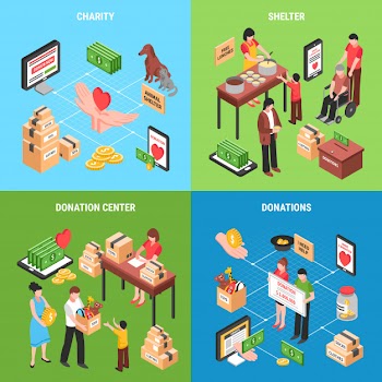 Charity composition of donating money clothing food and toys for children illustration Free Vector