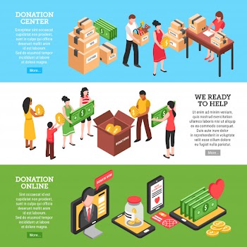 Charity horizontal banners set of donation center people ready to help and donation online Free Vector
