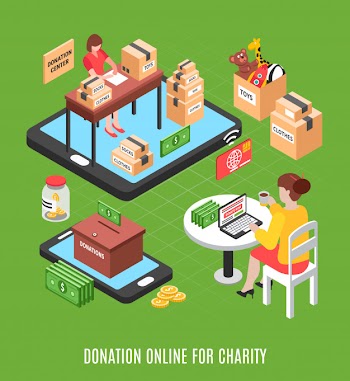 Charity isometric with young woman making online voluntary donation  through charitable foundation illustration Free Vector