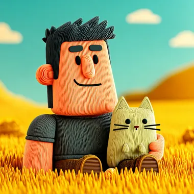 Charming 3D Character with British Shorthair Cat in Golden Meadow Charming 3D Character with British Shorthair Cat in Golden Meadow