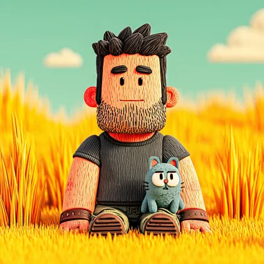 Charming 3D Chibi Man with British Shorthair Cat in Golden Meadow Charming 3D Chibi Man with British Shorthair Cat in Golden Meadow