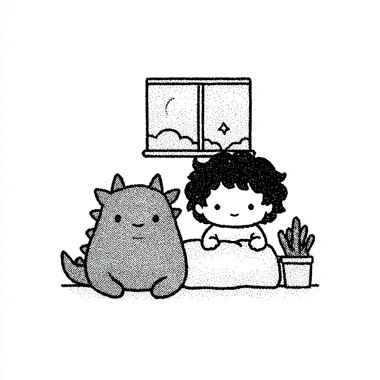 Charming Boy with Cute Dragon in Bedroom