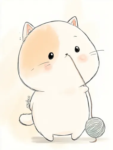Charming Chibi Cat with Yarn in Pastel Colors