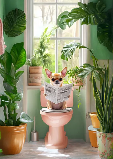 Charming Chihuahua on Toilet Reading Newspaper in Bright Bathroom Scene Charming Chihuahua on Toilet Reading Newspaper in Bright Bathroom Scene