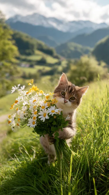 Charming Chubby Cat with Daisies in Serene Landscape Charming Chubby Cat with Daisies in Serene Landscape