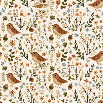 Charming Folk Art Pattern with Sparrows and Wildflowers