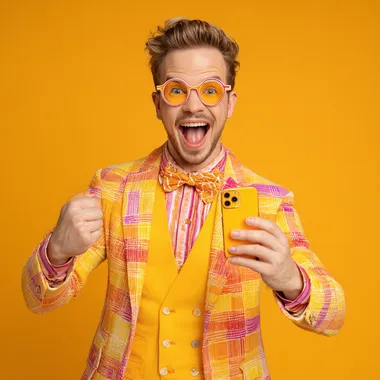Cheerful Blogger in Bright Outfit Taking Selfie Cheerful Blogger in Bright Outfit Taking Selfie