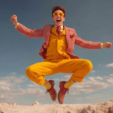 Cheerful Blogger Jumping in Bright Fashion Cheerful Blogger Jumping in Bright Fashion