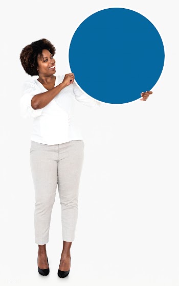 Cheerful businesswoman holding a blue round b.. | Free stock psd mockup - 491159