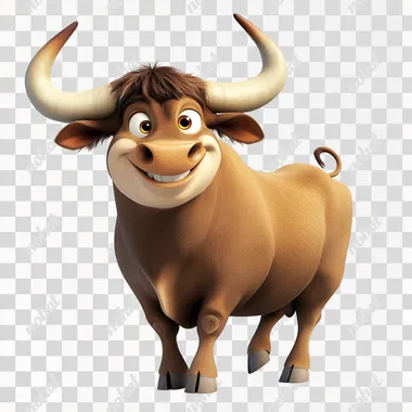 Cheerful Cartoon Bull with Big Horns