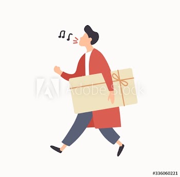 Cheerful cartoon guy carrying gift box with ribbon enjoying sale vector flat illustration
