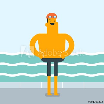 Cheerful caucasian white sportsman standing on the background of swimming pool