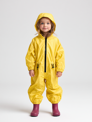 Cheerful Child in Yellow Rain Coverall