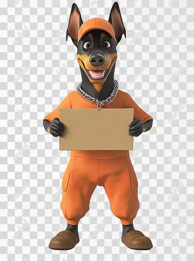 Cheerful Doberman Mascot in Pajamas with Sign