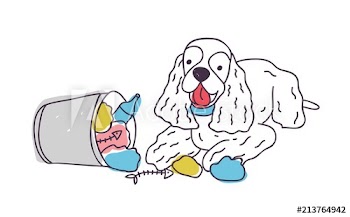 Cheerful dog dumped trash out of litter bin or bucket
