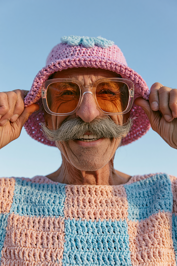 Cheerful Elderly Man in Crocheted Outfit and Sunglasses
