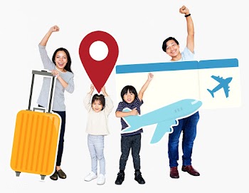 Cheerful family holding travel icons and tick.. | Free stock psd mockup - 490600