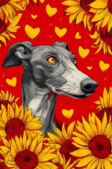 Cheerful Greyhound Surrounded by Sunflowers Cheerful Greyhound Surrounded by Sunflowers