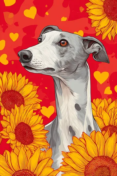Cheerful Greyhound Surrounded by Sunflowers Cheerful Greyhound Surrounded by Sunflowers
