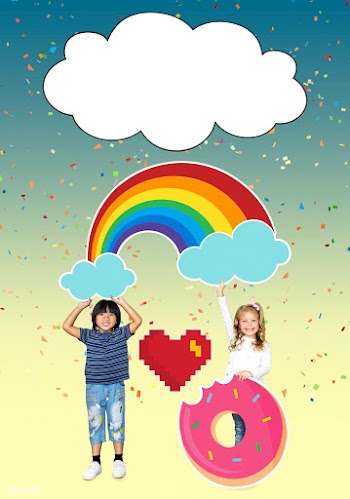 Cheerful kids with a rainbow and a donut icon | Free stock psd mockup - 491908