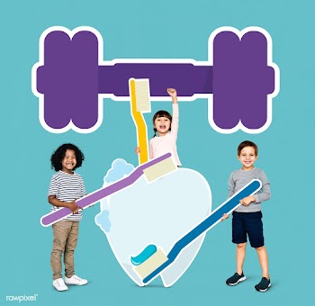 Cheerful kids with dental care icons | Free stock psd mockup - 492033