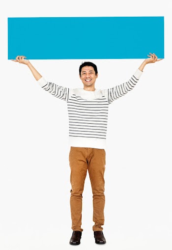Cheerful man holding a blank blue banner | Free stock psd mockup - 490975