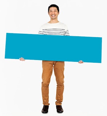 Cheerful man holding a blank blue banner | Free stock psd mockup - 491008