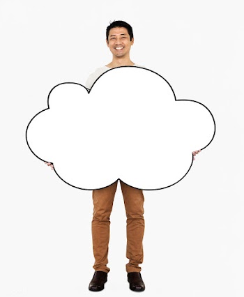 Cheerful man holding a blank white cloud | Free stock psd mockup - 490986