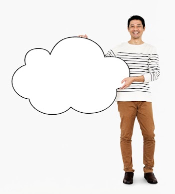 Cheerful man holding a blank white cloud | Free stock psd mockup - 491067